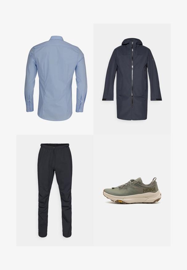 Laivastonsininen pitkä vettä hylkivä takki, jossa on huppu, etuvetoketju, sivutaskut ja säädettävät rannekkeet.; Vaaleansininen pitkähihaine paita, jossa on napillinen kaulus, sileä rakenne ja istuva muotoilu, valkoiset napit korostamassa yksityiskohtia.; Mustat kevyet housut, joissa on elastinen vyötärö, nyörikiinnitys ja kapenevat lahkeet. Valmistettu vedenkestävästä materiaalista, jolla on sileä pinta.; Vihreä Hoka-juoksukenkä Gore-Tex-päällä, tekstuuriset yksityiskohdat, joustavat nauhat ja paksu beigepohja, jossa on Vibram-logo.