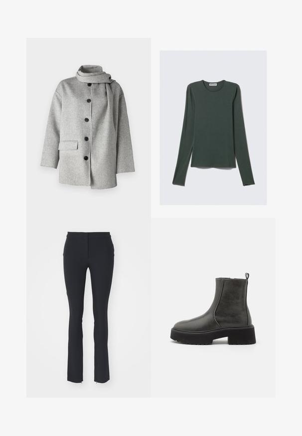Szürke gyapjú keverék kabát magas gallérral, elülső gombos záródással és egy oldalsó zsebbel; puha tapintású és minimalista design jellemzi.; Sötétzöld hosszú ujjú felső, puha anyagból. Kerek nyakkivágással és laza szabással, egyenes szegéllyel. Márkajelzés: WEEKDAY.; Fekete, rugalmas szabású nadrág, sima felülettel, egyenes szabással és kis oldalsó cipzárakkal az alsó részen.; Fekete bokacsizmák sima szintetikus felsőrésszel, elasztikus oldalbetétekkel, húzófüllel és masszív gumitalppal.