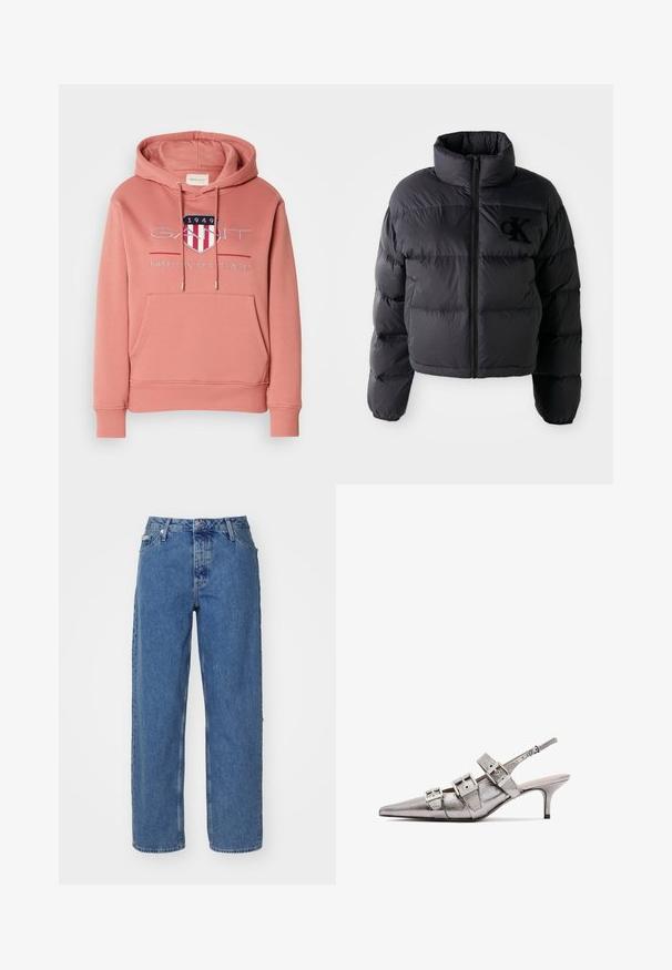 Black puffer jacket, cropped design with high collar, featuring horizontal quilted sections and a front zipper. Embroidered logo on chest.; Pink hoodie with a kangaroo pocket, drawstring hood, and embroidered logo featuring a shield with red and white stripes. Soft fabric.; Light blue denim jeans with a high waist, straight leg design, five-pocket styling, and slightly faded texture. Rivet and button closure.; Metallic silver slingback heel with pointed toe, featuring three wide straps and square metallic buckles. Glossy texture and slim heel.