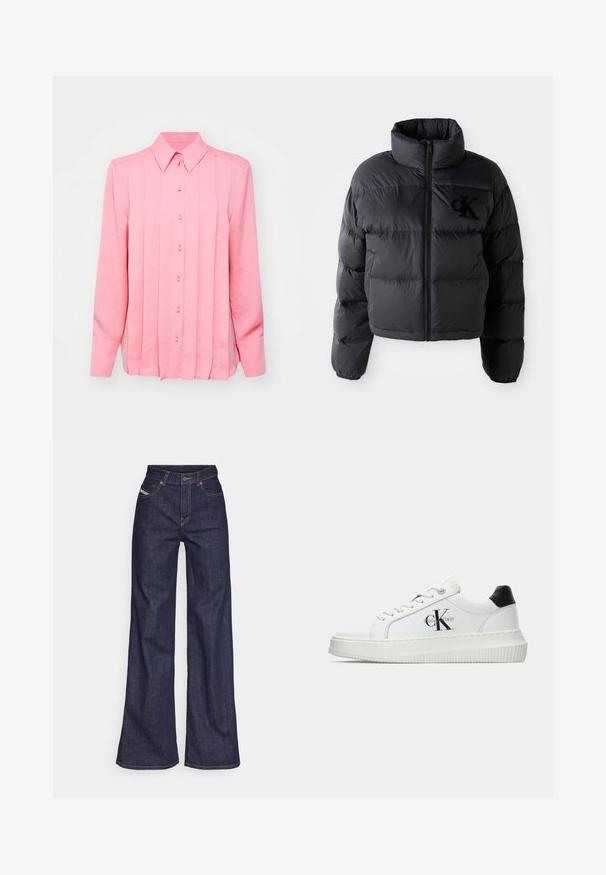 Musthave must vest, lühikese disainiga ja kõrge kraega, millel on horisontaalselt tikitud osad ja esi tõmblukk. Rinnal on broderitud logo.; Roosa pika varrukaga särk, millel on nupuga krae, vertikaalsed voldid ja kuus nupsu ees, valmistatud siledast, kergest kangast.; Tumedates sinised laiad teksad denimpesus, kõrge vöökohaga, mis on varustatud oranžide õmblustega, viie-taskulise disaini ja nööbiga kinnitusega.; Valge madalate sokkidega jooksutoss, millel on must konts, platvormi tallad, paelad ja Calvin Kleini "CK" logo küljel.