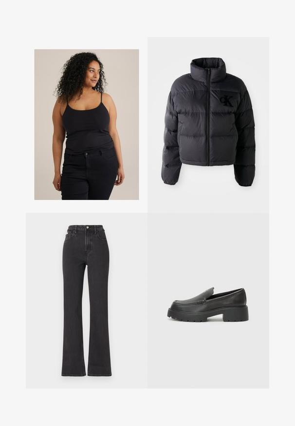 Schwarze Puffjacke, kurze Konstruktion mit hohem Kragen, mit horizontalen gesteppten Abschnitten und einem Frontreißverschluss. Besticktes Logo auf der Brust.; Schwarzes tailliertes Tanktop mit dünnen Trägern, kombiniert mit dunklen Jeans. Der Stoff wirkt glatt und hat einen leichten Stretch. Minimales Design und keine sichtbaren Muster.; Schwarze, hochgeschnittene Schlagjeans aus Denim mit Knopfverschluss, Gürtelschlaufen und seitlichen Taschen. Glatte Textur mit minimaler Ausbleichung.; Schwarze Lederloafer mit einer abgerundeten Spitze, dicker strukturierten Laufsohle und minimalen Nähten. Schlankes Design ohne sichtbare Schnürsenkel oder Beschläge.