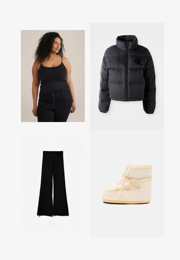 Giubbotto imbottito nero, design cropped con colletto alto, caratterizzato da sezioni a canale orizzontali e cerniera frontale. Logo ricamato sul petto.; Top tank aderente nero con spalline sottili, abbinato a jeans scuri. Il tessuto appare liscio con una leggera elasticità. Design minimale e senza motivi visibili.; Pantaloni neri a palazzo con una linea ampia, caratterizzati da una texture liscia e un alto punto vita. Realizzati in tessuto elasticizzato per un comfort ottimale.; Moon Boot beige chiaro con punta arrotondata, chiusura a lacci e suola in gomma testurizzata. Presenta un marchio bianco e materiali sintetici lisci.