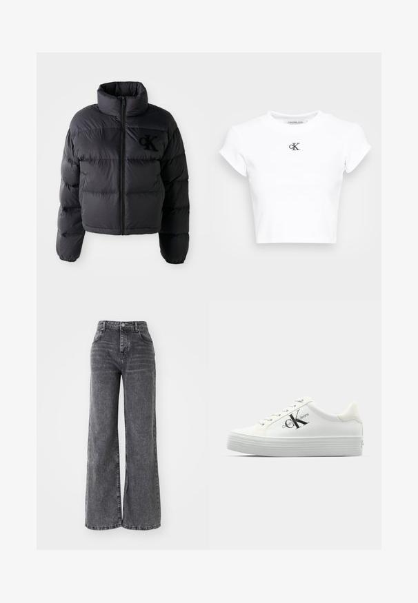 Black puffer jacket, cropped design with high collar, featuring horizontal quilted sections and a front zipper. Embroidered logo on chest.; White cropped t-shirt made of ribbed fabric. Features a round neckline and short sleeves. Black embroidered "cK" logo on the chest.; Wide-leg gray denim pants with a high waist, featuring traditional five-pocket styling and a subtle faded finish.; White platform sneakers with smooth synthetic upper, tonal laces, and a black logo. The raised rubber sole features horizontal ridges for traction.