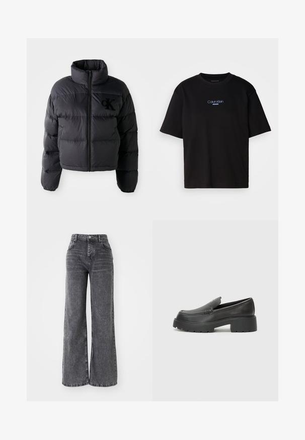 Black puffer jacket, cropped design with high collar, featuring horizontal quilted sections and a front zipper. Embroidered logo on chest.; Black cotton t-shirt with a round neck, short sleeves, and blue embroidered "Calvin Klein JEANS" logo on the front.; Wide-leg gray denim pants with a high waist, featuring traditional five-pocket styling and a subtle faded finish.; Black leather loafers with a rounded toe, thick textured sole, and minimal stitching details. Sleek design with no visible laces or hardware.