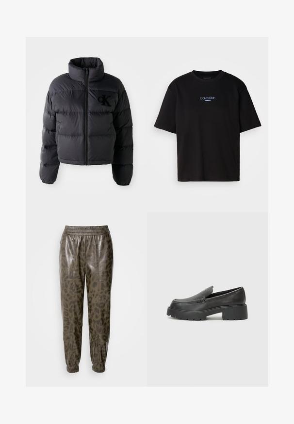 Casaco puffer preto, design cropped com gola alta, apresentando secções acolchoadas horizontais e um fecho na frente. Logótipo bordado no peito.; T-shirt preta de algodão com gola redonda, mangas curtas e logo bordado azul "Calvin Klein JEANS" na parte da frente.; Calças de jogging em pele sintética verde-oliva com padrão de padrão de leopardo, apresentando uma cintura elástica e tornozelos com punhos, textura suave e bolsos.; Mocassins de couro preto com bico arredondado, sola espessa e texturizada, e detalhes de costura minimalistas. Design elegante sem atacadores ou ferragens visíveis.
