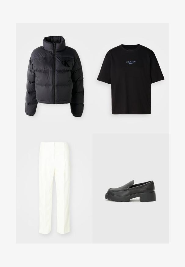 Crna puffer jakna, skraćeni dizajn s visokim ovratnikom, s horizontalno prošivenim dijelovima i prednjim zipom. Izvezeni logo na prsima.; Crna pamučna majica s okruglim izrezom, kratkim rukavima i plavim izvezenim logom "Calvin Klein JEANS" na prednjoj strani.; Bijele krojene hlače s ravnim nogavicama, teksturiranim materijalom, prednjim naborima i ravnim pojasom s petljama za remen.; Crne kožne loaferice s zaobljenim vrhom, debelim teksturiranim potplatom i minimalnim detaljima šivanja. Elegantna izrada bez vidljivih vezica ili metalnih elemenata.