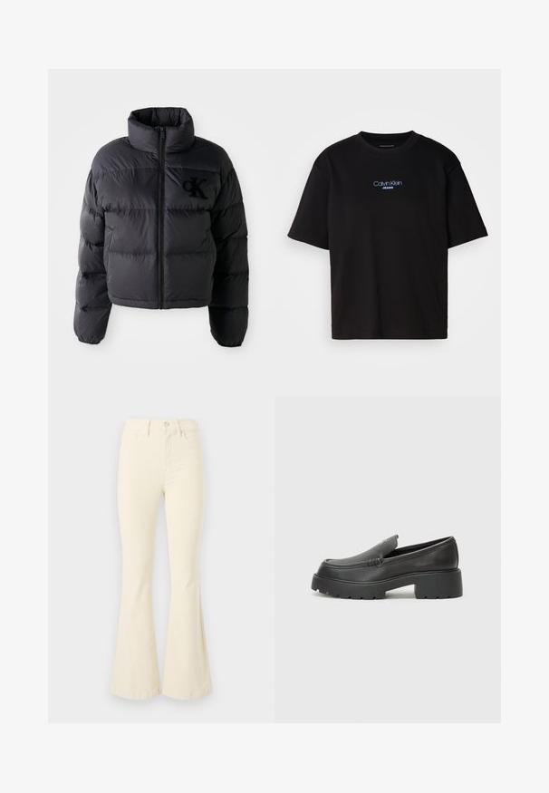 Črna puhovka, skrajšana zasnova z visokim ovratnikom, s horizontalno prešitim delom ter sprednjim zadrgo. Vezeni logotip na prsih.; Črna bombažna majica s krožnim izrezom, kratkimi rokavi in modrim vezenim logotipom "Calvin Klein JEANS" na sprednji strani.; Kremne flared kavbojke iz bombaža, z visokim pasom, zapenjanjem na gumb in čistimi linijami brez vidnih vzorcev ali dodatkov.; Črne usnjene loafers čevlje z zaobljenim nosom, debelim teksturiranim podplatom in minimalnimi šivi. Elegantna zasnova brez vidnih vezalk ali kovinskih delov.
