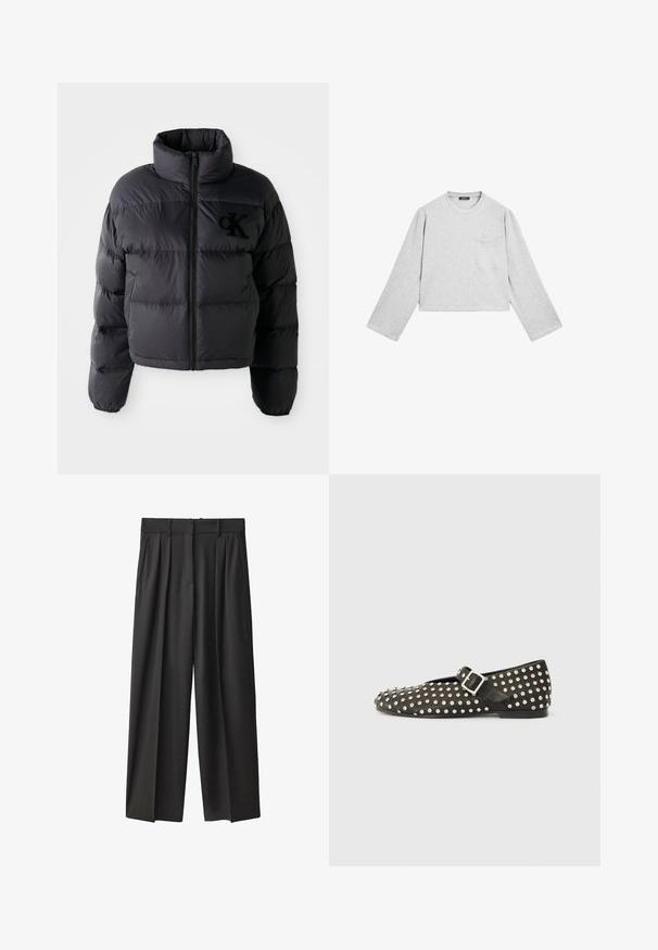 Černá péřová bunda, zkrácený design s vysokým límcem, s vodorovně prošívanými sekcemi a předním zipem. Vyšívané logo na prsou.; Šedá, zkrácená košile s dlouhým rukávem vyrobená z měkkého materiálu. Má kulatý výstřih a jednu náprsní kapsu. Hladká textura s neformálním designem.; Černé, široké kalhoty z hladké tkaniny. Mají vysoký pas, poutka na opasek a přední sklady pro přidanou strukturu.; Černé ploché boty vyrobené z kůže, zdobené kovovými cvočky a boční sponou. Design zahrnuje špičatou špičku a texturovaný povrch.