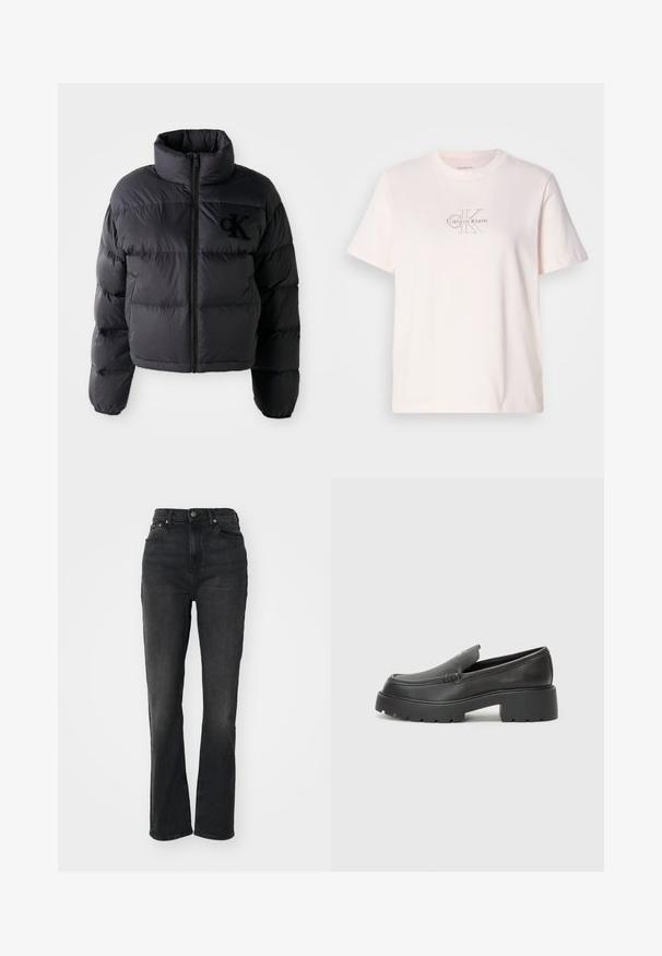 Jachetă puf închisă la culoare, design scurt cu guler înalt, având secțiuni quilted orizontale și fermoar frontal. Logo brodat pe piept.; Tricou din bumbac roz deschis, cu guler rotund, având un logo brodat argintiu "Calvin Klein" și un design subtil "CK" pe piept.; Jeans din denim negri, cu talie înaltă, cu picioare drepte, design cu cinci buzunare, închidere frontală cu nasture și detalii minime de cusătură.; Mocasini din piele neagră, cu vârf rotunjit, talpă groasă texturată și detalii minimale de cusătură. Design elegant, fără șireturi sau accesorii vizibile.
