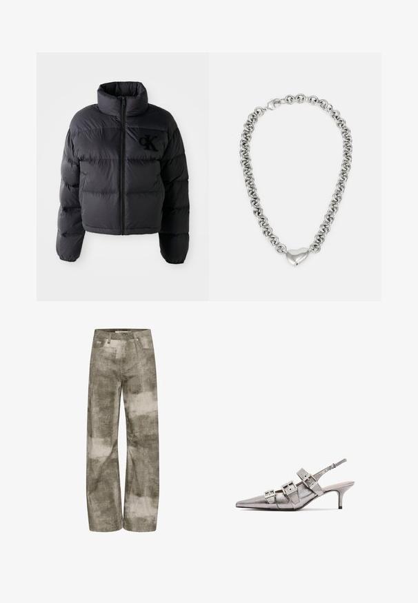 Črna puhovka, skrajšana zasnova z visokim ovratnikom, s horizontalno prešitim delom ter sprednjim zadrgo. Vezeni logotip na prsih.; Svetlo roza bombažna majica s krojem okoli vratu, ki ima srebrno vezeno logo "Calvin Klein" in diskretno zasnovo "CK" na prsih.; Široke hlače v zbledeli olivno zeleni barvi z bež abstraktnimi vzorci. Imajo klasičen obliko petih žepov in kovinske okrase.; Metalni srebrni slingback peti z nazobčenim nosom, ki ima tri široke trakove in kvadratne kovinske zaponke. Sijajna tekstura in vitka peta.; Srebrna verižica z medsebojnimi okroglimi očesi in poliranim srcastim poudarkom na sredini. Vključena je varna zaponka.