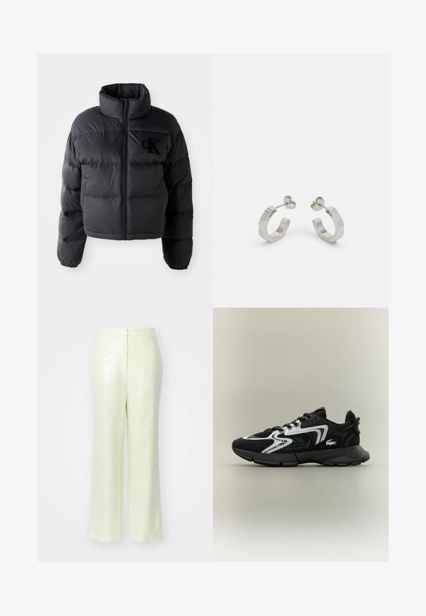 Giubbotto imbottito nero, design cropped con colletto alto, caratterizzato da sezioni a canale orizzontali e cerniera frontale. Logo ricamato sul petto.; T-shirt di cotone rosa chiaro con collo rotondo, con logo ricamato in argento "Calvin Klein" e un sottile design "CK" sul petto.; Pantaloni di un giallo chiaro con paillettes, dal taglio ampio, caratterizzati da una texture liscia e una chiusura con zip invisibile sul retro.; Scarpe sportive nere con pannelli in rete, dettagli in argento e sovrapposizioni nere texturizzate. Dotate di lacci e di una suola curvata e resistente.; Orecchini a cerchio in metallo argentato con design texturizzato, dotati di un piccolo perno e con il marchio su un orecchino. Forma arrotondata con finitura lucida.