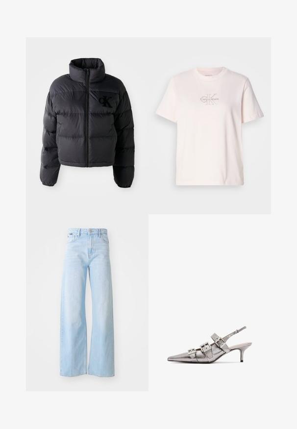 Black puffer jacket, cropped design with high collar, featuring horizontal quilted sections and a front zipper. Embroidered logo on chest.; Light pink cotton t-shirt with a crew neck, featuring a silver embroidered "Calvin Klein" logo and subtle "CK" design on the chest.; Light blue wide-leg jeans made from denim, featuring a high waist, front pockets, a button closure, and stitched hem detailing.; Metallic silver slingback heel with pointed toe, featuring three wide straps and square metallic buckles. Glossy texture and slim heel.
