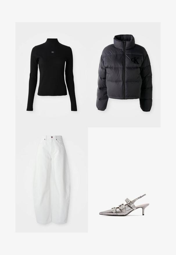 Jachetă puf închisă la culoare, design scurt cu guler înalt, având secțiuni quilted orizontale și fermoar frontal. Logo brodat pe piept.; Top negru cu mâneci lungi, cu un guler înalt și un design ajustat. Prezintă o mică etichetă cu logo pe față. Textură netedă, cu nervuri.; Pantaloni din denim albaștri cu talie înaltă și croială lejeră. Au închidere cu nasture, buzunare laterale și un design minimalist. Textură netedă.; Pantofii slingback metalici de culoare argintie, cu vârf ascuțit, prezintă trei curele late și catarame metalice pătrate. Textura lucioasă și toc subțire.