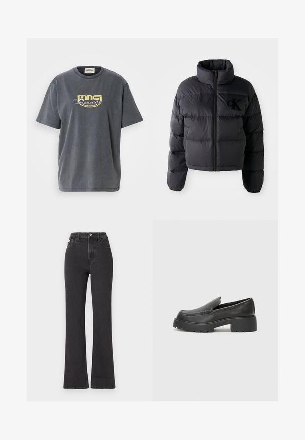 Fekete pufferdzseki, rövidített fazon magas gallérral, vízszintes steppelt részekkel és elöl cipzárral. Hímzett logó a mellkason.; Szürke pamut póló rövid ujjakkal. Az elején egy sárga grafikával, amelyen a "MNG Paradise Disco Dancing Club" felirat olvasható.; Fekete, magas derekú, trapéz fazonú farmernadrág, gombos záródással, övrésszel és oldalsó zsebekkel. Sima textúrájú, minimális kopással.; Fekete bőr loafer cipők kerek orral, vastag, texturált talppal és minimális varrási részletekkel. Áramvonalas dizájn, látható fűzők vagy fém részek nélkül.