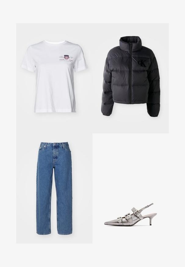 Giubbotto imbottito nero, design cropped con colletto alto, caratterizzato da sezioni a canale orizzontali e cerniera frontale. Logo ricamato sul petto.; T-shirt bianco in cotone con maniche corte, colletto rotondo e un logo ricamato rosso e blu sul lato sinistro. Tessuto liscio, vestibilità morbida.; Jeans in denim azzurro con vita alta, design a gamba dritta, stile a cinque tasche e texture leggermente sbiadita. Chiusura con rivetto e bottone.; Slingback metallizzato argento con punta affilata, caratterizzato da tre ampie cinghie e fibbie quadrate metalliche. Texture lucida e tacco sottile.