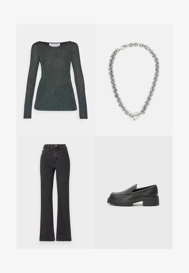 Musthave must vest, lühikese disainiga ja kõrge kraega, millel on horisontaalselt tikitud osad ja esi tõmblukk. Rinnal on broderitud logo.; Roheline sädeleva pikaaelse ülikond, millel on laevanina ja keha lähedane lõige. Omab peent sädelevat tekstuuri ja pehmet kangast.; Mustad kõrge vöökohaga laienevad teksapüksid, mis on valmistatud denimist, varustatud nööbiga kinnitamise, vöörihmade ja küljetaskutega. Sile tekstuur minimaalse pleekimisega.; Mustad nahast loafers ümarate varvastega, paksu tekstuuriga tald ja minimaalsete õmbluse detailidega. Viimistletud disain, kus pole nähtavaid paelu ega riistu.; Hõbedane kettkaelakee, millel on omavahel ühendatud ümmargused lingid ja poleeritud südamekujulise aktsendi keskel. Kinnituseks on kaasas kindel klamber.