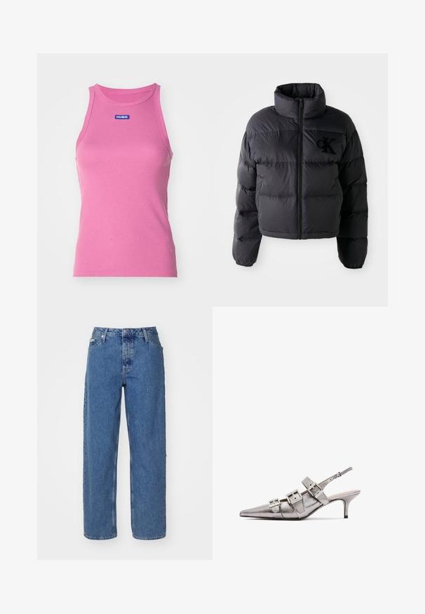 Czarna kurtka puchowa, krótka konstrukcja z wysokim kołnierzem, z poziomymi przeszyciami i zapięciem na zamek z przodu. Haftowane logo na piersi.; HUGO - Top; Jasnoniebieskie dżinsy o wysokim stanie, proste nogawki, pięć kieszeni i lekko wyblakła tekstura. Zapięcie na nit i guzik.; Metaliczne srebrne buty na obcasie typu slingback z ostrym noskiem, z trzema szerokimi paskami i kwadratowymi, metalowymi klamrami. Błyszcząca tekstura i smukły obcas.