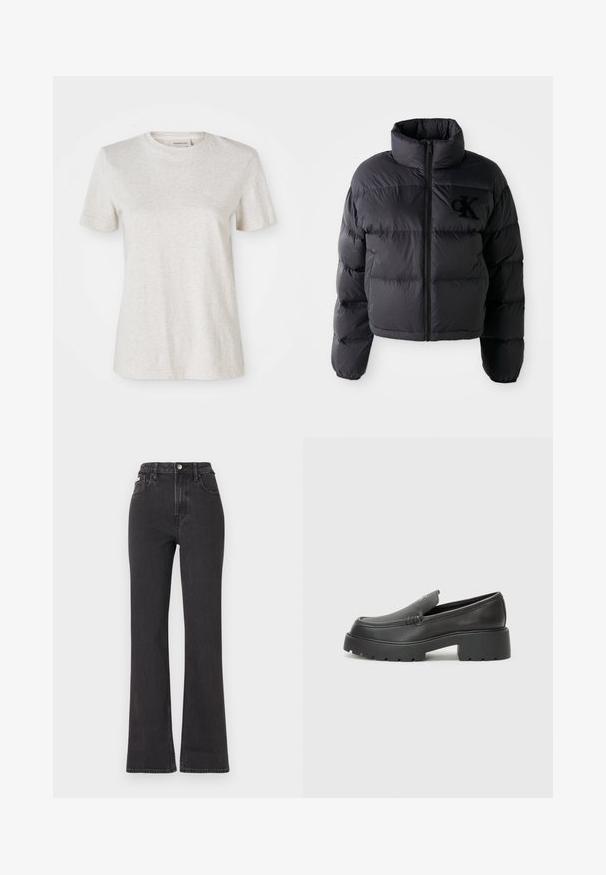 Mustat puffer-takit, lyhyempi malli korkealla kauluksella, jossa on vaakasuorat tikatut osat ja etuvetoketju. Brodeerattu logo rinnassa.; Vaaleanharmaa lyhythihainen t-paita, joka on valmistettu pehmeästä puuvillasekoitteesta. T-paidassa on pyöreä kaula-aukko ja pieni brodeerattu logo rinnassa.; Mustat korkeavartiset leveälahkeiset farkut, jotka on valmistettu denimistä. Varustettu nappikiinnityksellä, vyölenkeillä ja sivutaskuilla. Tasainen rakenne, jossa on minimaalista haalistumista.; Musta nahkakengät, joissa on pyöristetty kärki, paksu teksturoitu pohja ja vähäiset ompeluyksityiskohdat. Tyylikäs muotoilu, jossa ei ole näkyviä nauhoja tai metalliosia.
