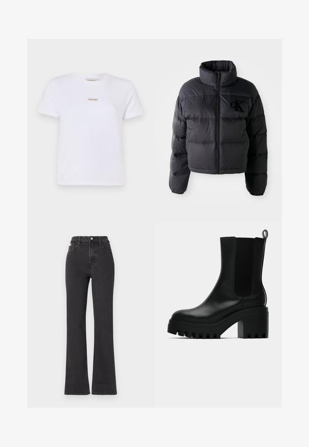 Melna puffa jaka, īsā dizaina ar augstu apkakli, ar horizontālām quiltētām sekcijām un priekšējo rāvējslēdzēju. Izšūta logo uz krūtīm.; Baltas īsā piedurkne T-krekls, izgatavots no kokvilnas, ar mazu beigu krāsas Calvin Klein logotipu uz krūtīm. Vienkārša, klasika siluets ar apaļu kakla izgriezumu.; Melnas augstā jostasvietā plati izgrieztas džinsus no denima, ar pogu aizdari, jostas cilpām un sānu kabatām. Gluda tekstūra ar minimālu izbalēšanu.; Melna ādas potītes zābaks ar apaļu purngalu, masīvu platformas zoli un sietiņa sānu akcentiem. Iekļauts vilkšanas cilpiņa ērtai uzvilkšanai.