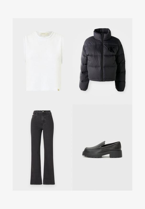 Fekete pufferdzseki, rövidített fazon magas gallérral, vízszintes steppelt részekkel és elöl cipzárral. Hímzett logó a mellkason.; Fehér ujjatlan kötött felső, kerek nyakkivágással, bordázott szegéllyel és oldalsó varrás részletekkel; az alján található egy kis márkás címke.; Fekete, magas derekú, trapéz fazonú farmernadrág, gombos záródással, övrésszel és oldalsó zsebekkel. Sima textúrájú, minimális kopással.; Fekete bőr loafer cipők kerek orral, vastag, texturált talppal és minimális varrási részletekkel. Áramvonalas dizájn, látható fűzők vagy fém részek nélkül.
