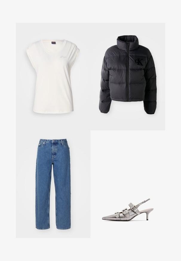 Čierna páperová bunda, skrátený strih s vysokým golierom, s horizontálne prešívanými sekciami a predným zipsom. Vyšitý logo na hrudi.; Biela krátka šatka s okrúhlym výstrihom a naťahovaním na ramene. Diskrétny logotyp z kryštálov na ľavej strane. Mäkka textúra látky.; Svetlomodré džínsy s vysokým pásom, rovnými nohavicami, štýlom s piatimi vreckami a mierne vybledlou textúrou. Zapínanie na nit a gombík.; Metalická strieborná slingback obuv na podpätku s špicatou špičkou, s tromi širokými popruhmi a štvorcovými metalickými sponami. Lesklý povrch a štíhly podpätok.