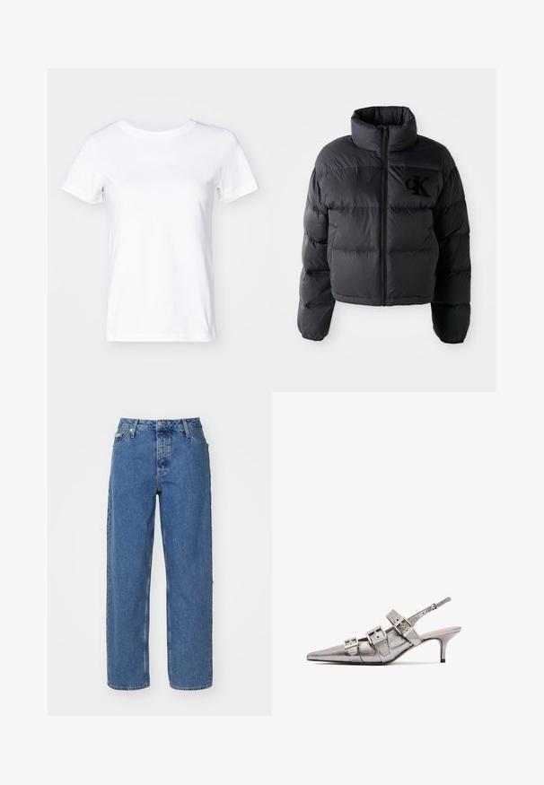 Musthave must vest, lühikese disainiga ja kõrge kraega, millel on horisontaalselt tikitud osad ja esi tõmblukk. Rinnal on broderitud logo.; Valge puuvillane t-särk lühikeste varrukatega, ümar kaelus ja peene logo tekst esiosas. Sile tekstuur, klassikaline lõige.; Heledad sinine teksad, kõrge vöökohaga, sirge jala disainiga, viie taskuga stiil ja veidi pleekinud tekstuur. Nööp ja rihm sulgemiseks.; Metallise hõbedane slingback konts, millel on terav nina, kolmes laiast rihmast ja ruudukujulistest metallist pandlatest. Läikiv pind ja õhuke konts.