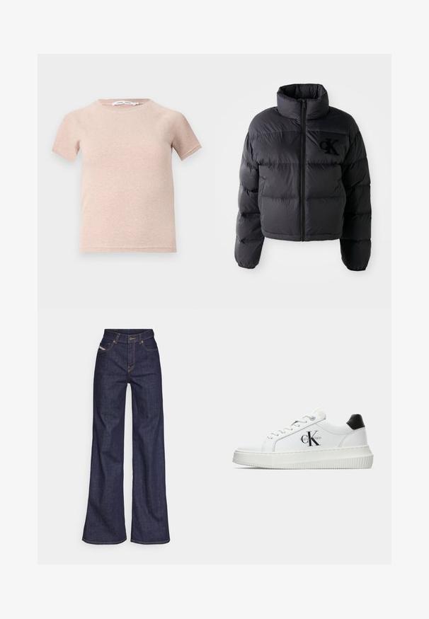 Sort pufferjakke, cropped design med høj krave, der har vandret quiltede sektioner og en frontlynlås. Broderet logo på brystet.; Lyserød kortærmet t-shirt lavet af ribbet stof, med rund halsudskæring og en afslappet pasform. Enkel og smidig design.; Mørkeblå bredbenede jeans i denimstof med høj talje, prydet med orange stikninger, fem-lomme design og knaplukning.; Hvide lavtoppede sneakers med sort hælkænke, platformssål, snørebånd og Calvin Klein "CK" logo på siden.