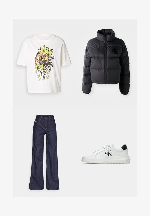Fekete pufferdzseki, rövidített fazon magas gallérral, vízszintes steppelt részekkel és elöl cipzárral. Hímzett logó a mellkason.; Fehér pamut póló, leopárd grafikával zöld akcentusokkal és a "Wild Soul" felirattal. Rövid ujjú, laza fazonú, sima tapintású.; Sötétkék, bő szárú farmernadrág, magas derékkal, narancssárga varrással, öt zsebes kialakítással és gombos zárással.; Fehér alacsony szárú edzőcipő fekete saroktabbal, platform talppal, fűzőkkel és Calvin Klein "CK" logóval az oldalán.