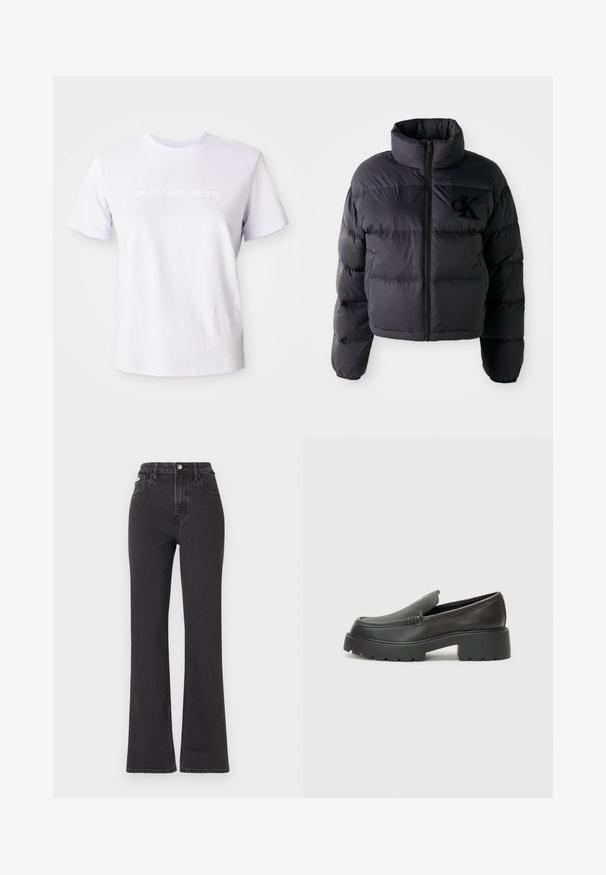 Musthave must vest, lühikese disainiga ja kõrge kraega, millel on horisontaalselt tikitud osad ja esi tõmblukk. Rinnal on broderitud logo.; Valge puuvillane t-särk lühikeste varrukatega ja ümmarguse kaelusega. Esipaneelil on peene valge tekstiga "Calvin Klein Jeans" logo.; Mustad kõrge vöökohaga laienevad teksapüksid, mis on valmistatud denimist, varustatud nööbiga kinnitamise, vöörihmade ja küljetaskutega. Sile tekstuur minimaalse pleekimisega.; Mustad nahast loafers ümarate varvastega, paksu tekstuuriga tald ja minimaalsete õmbluse detailidega. Viimistletud disain, kus pole nähtavaid paelu ega riistu.