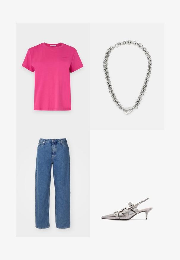 Musthave must vest, lühikese disainiga ja kõrge kraega, millel on horisontaalselt tikitud osad ja esi tõmblukk. Rinnal on broderitud logo.; Roosa lühikeste varrukatega T-särk, mis on valmistatud pehmest puuvillast, ümarate kaelus ja rinnal väike reljeefne logo. Klassikaline lõige ja sile tekstuur.; Heledad sinine teksad, kõrge vöökohaga, sirge jala disainiga, viie taskuga stiil ja veidi pleekinud tekstuur. Nööp ja rihm sulgemiseks.; Metallise hõbedane slingback konts, millel on terav nina, kolmes laiast rihmast ja ruudukujulistest metallist pandlatest. Läikiv pind ja õhuke konts.; Hõbedane kettkaelakee, millel on omavahel ühendatud ümmargused lingid ja poleeritud südamekujulise aktsendi keskel. Kinnituseks on kaasas kindel klamber.