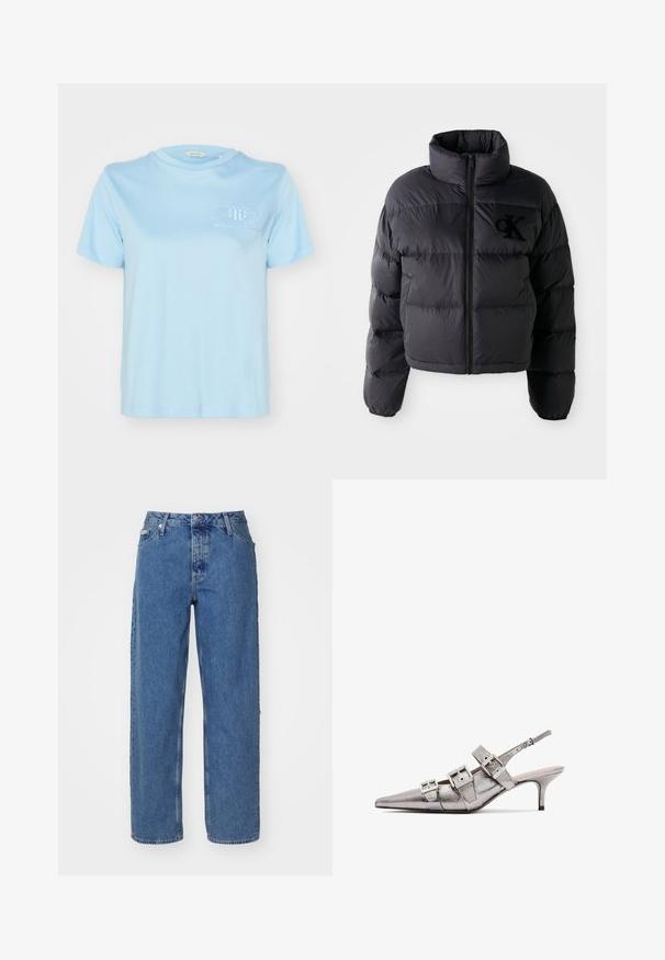 Černá péřová bunda, zkrácený design s vysokým límcem, s vodorovně prošívanými sekcemi a předním zipem. Vyšívané logo na prsou.; Světle modré bavlněné tričko s kulatým výstřihem, krátkými rukávy a vyšívaným logo "GANT AMERICAN SPORTSWEAR" na hrudi.; Světle modré džíny z denimu s vysokým pasem, rovnými nohavicemi, pěti kapsami a mírně obnošeným vzhledem. Zapínání na nýty a knoflík.; Metalické stříbrné slingback podpatky s špičatou špičkou, které mají tři široké pásky a čtvercové kovové přezky. Lesklá textura a štíhlý podpatek.
