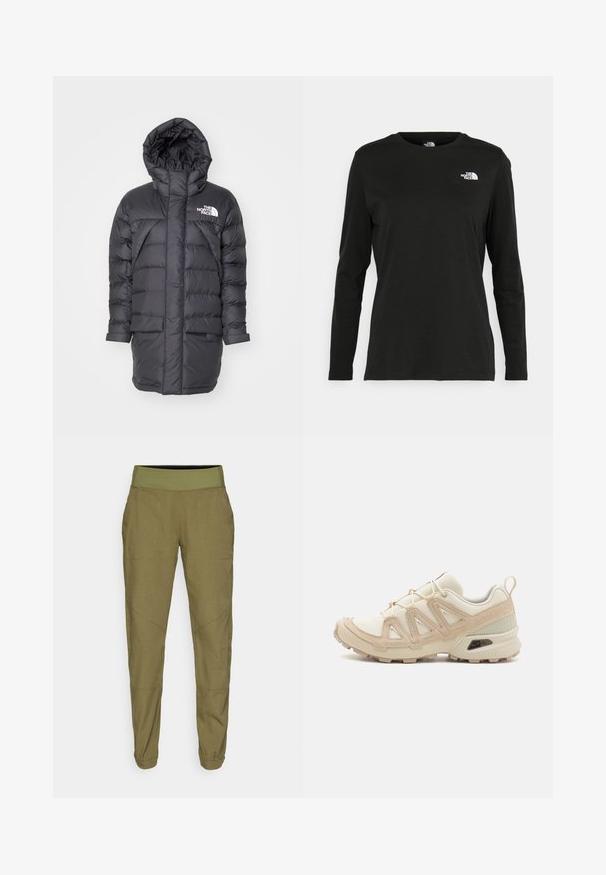 Musta puhvijakku, jossa on huppu, tilkkutäkkisuunnittelu, kaksi etutaskua ja valkoinen brändilogo vasemmassa yläkulmassa.; Musta pitkähihaisen t-paita, joka on valmistettu puuvillasta ja jossa on pyöreä kaula-aukko. Vasemmassa rinnassa on pieni valkoinen logo. Yksinkertainen muotoilu ja istuvuus.; Olive vihreät tapered-housut, joissa on elastinen vyötärö, kevyttä kangasta ja kaksi sivutaskua. Sisältää hienovaraisia saumoja ja käännetyt lahkeet.; Beige ja kreemi värvi sportlikud jalanõud, millel on tekstiilne mesh ülemine osa, toetavad ülekatted ja kummist tald, millel on mustripattern haardeks.
