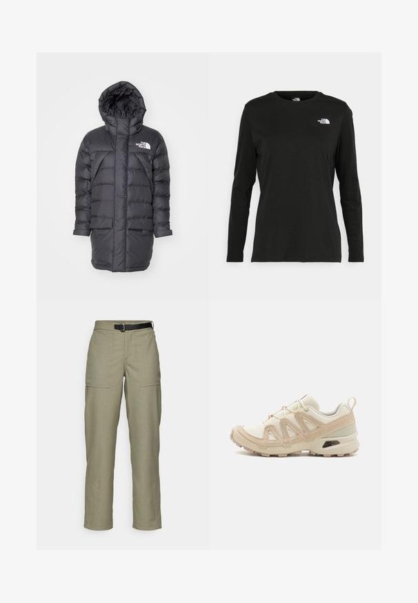 Zwarte pufferjack met capuchon, met een gerecycled ontwerp, twee voorkuipzakken en een wit merkimago op de bovenste linkerkant.; Zwart langsluiting T-shirt van katoen met een ronde hals. Heeft een klein wit logo op de linkerkant van de borst. Eenvoudig ontwerp en pasvorm.; Khaki broek van textuurstof, met een recht pijpdesign, twee frontzakken en een zwarte riem in de taille.; Beige en crème sportschoen met een textuur-mesh bovenwerk, ondersteunende overlays en een rubberen zool met een profielpatroon voor grip.