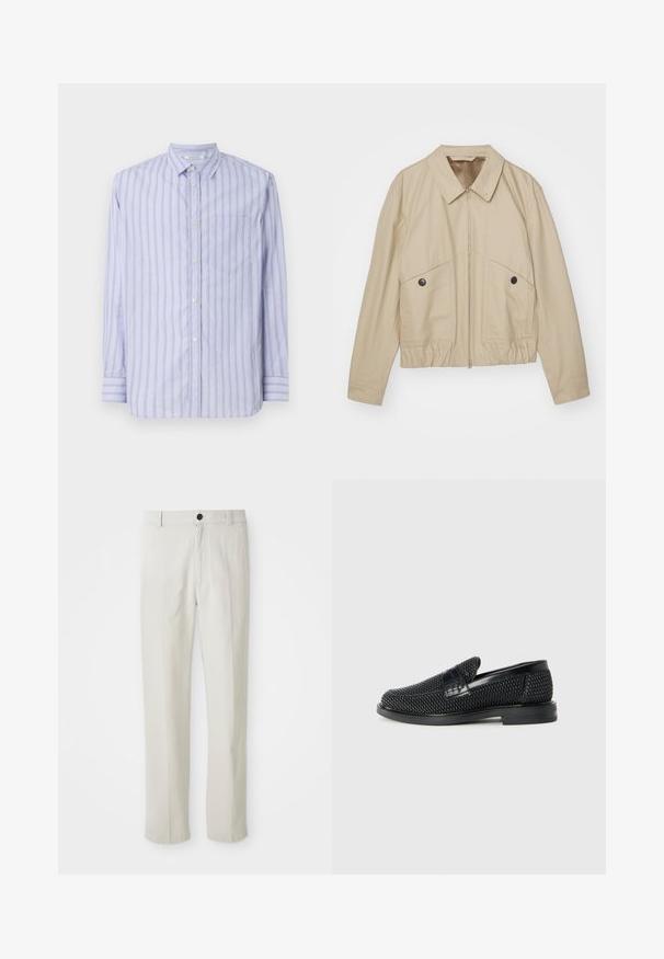 Bežová ľahká bunda s špicatým golierom, predným zipsom, dvoma veľkými vreckami a elastickým pásom. Hladká textúra s minimalistickým dizajnom.; Dlhý rukáv, košeľa na gombíky svetlomodrej farby s bielymi a žltými vertikálnymi pruhmi, s náprsné vreckom a klasickým dizajnom goliera.; Béžové nohavice s rovnými nohavicami, so slučkami na opasok, predným gombíkom a zipsovým zapínaním, vystavené na bielom pozadí.; Čierne tkané slip-on topánky s hladkým koženým akcentom na vrchnej časti, s okrúlym dizajnom špičky a nízkoprofilovou gumovou podrážkou.