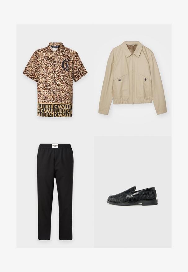 Vaalean beige kevyt takki, jossa on terävä kaulus, edessä vetoketju, kaksi suurta taskua ja joustava vyötärö. Sujuva pinta minimalistisella muotoilulla.; Lyhythihainen paita, jossa on leopardikuosiset printit, musta logo rinnassa ja erottuva vyötärö, jossa on toistuva kultaista tekstiä.; Mustat housut, joissa on joustava vyötärö. Valmistettu lasten kevyestä ja sileästä kankaasta. Ominaisuudet suora lahjemuoto ja minimaalinen yksityiskohtaisuus.; Musta kudottu liukupohjallinen kenka, jossa on sileä nahkakorostus päällisessä, pyöreä kärki ja matala kumipohja.