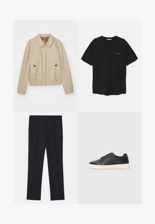 Bežová ľahká bunda s špicatým golierom, predným zipsom, dvoma veľkými vreckami a elastickým pásom. Hladká textúra s minimalistickým dizajnom.; Čierne bavlnené tričko s okrúhlym výstrihom, krátkymi rukávmi a bielou potlačou loga na ľavej hrudi. Jednoduchý, jednoliaty dizajn.; Čierne upravené nohavice vyrobené z hladkej látky, s dvoma bočnými vreckami, rovnými nohavicami a bez viditeľných vzorov či akcentov.; Čierne kožené tenisky s textúrovaným povrchom, okrúhlou špičkou a plochou bielou gumovou podrážkou. Obsahujú čierne šnúrky a značku na päte.