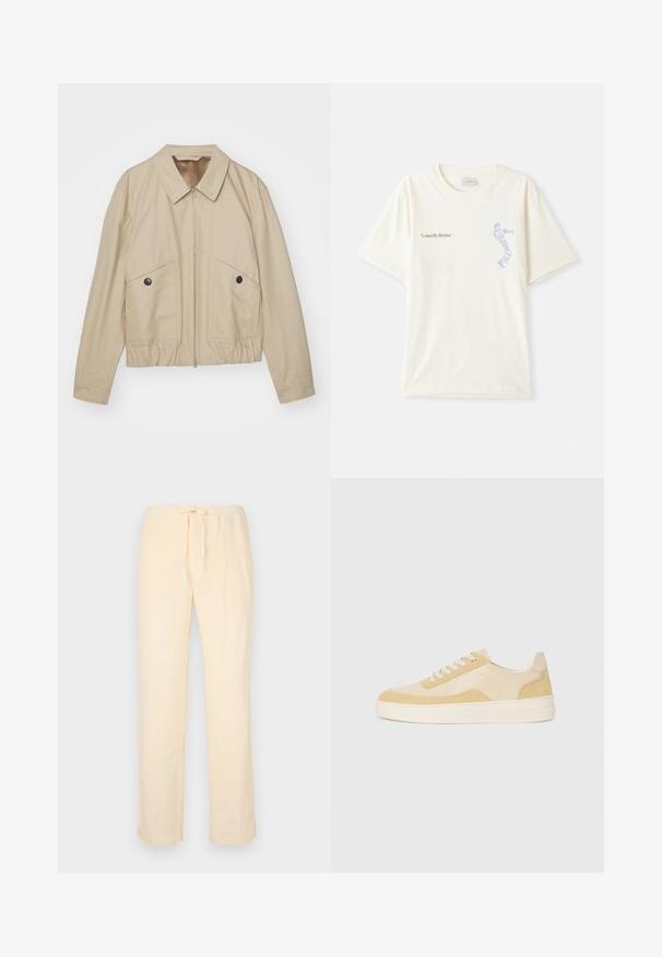 Bežs viegls džemperis ar norādītu apkakli, priekšējo rāvējslēdzēju, divām lielām kabatām un elastīgu jostu. Gluda tekstūra ar minimālistisku dizainu.; Balts kokvilnas T-krekls ar īsām piedurknēm, ar melnu un zilu grafiku "United By Rhythm" uz krūtīm. Apaļš kakla izgriezums.; Gaiši dzelteni, brīvi pieguļoši bikses, kas izgatavotas no mīkstas auduma, ar elastīgu jostu un auklu, kā arī taisnām kājām.; Sarkani kedu no gaišas dzeltenas zamšas un ādas, ar mīkstinātu zoli un izšūti akcenti. Klasisks auklu aizdare ar noapaļotu purngalu.