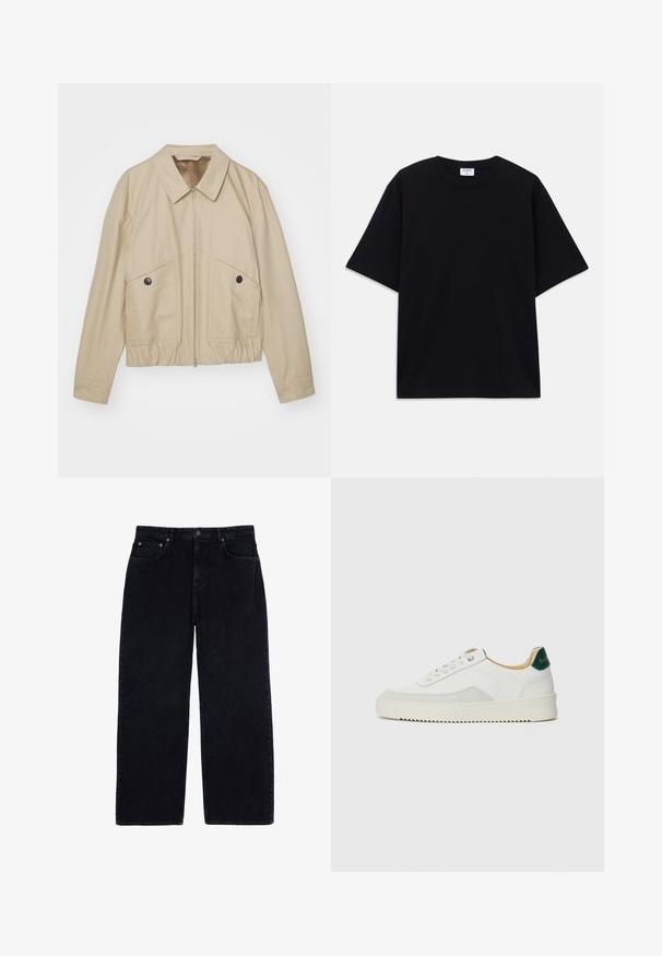 Beżowa, lekka kurtka z wydłużonym kołnierzem, z przodu na zamek, z dwiema dużymi kieszeniami oraz elastyczną talią. Gładka tekstura z minimalistycznym wzornictwem.; Czarny, krótki rękaw, oversize'owy T-shirt z okrągłym dekoltem i widoczną metką marki Filippa K wewnątrz kołnierza.; Spodnie dzwonowate z korduroyu w ciemnym niebieskim kolorze, z charakterystyczną ribbowaną fakturą, standardowym pięciopocketowym fasonem oraz metalowym zapięciem w pasie.; Białe trampki z zamszowymi akcentami, zaokrąglony czubek, płaskie sznurowadła i kremowa gumowa podeszwa. Posiadają zielone logo na pięcie.