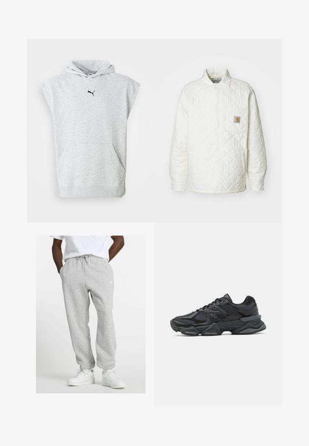 Valkoinen tikattu takki, jossa on kaulus, napitus edessä ja rintatasku, jossa on erottuva-logo. Sujuva pinta ja rento istuvuus.; Vaaleanharmaa hihaton Puma-huppari, jossa on kengurulokero ja musta Puma-logo keskellä huppua.; Mies, joka pitää päällään vaaleanharmaita verkkohousuja, joissa on nyöri, sekä valkoisia lenkkareita, seisoo kädet taskuissa valkoista taustaa vasten.; Musta juoksukenkä, jossa on yhdistelmä verkko- ja synteettisiä materiaaleja, paksu pohja, kaareva muotoilu ja näkyvä brändäys sivussa.