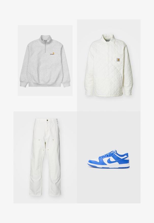 Tikkidega valge jakk krae, nööbid ees ja rinnaõmmeldud tasku, millel on kontrastne logotempel. Sile tekstuur ja vabalt langetatud lõige.; Heled hall sweatshirt, millel on veerandzipperi krae. Omab soonikkoesid ja vöökohta, ning rindkere peal on väike oranž ja kollane logo.; Valged puuvillased cargo püksid, millel on mugav lõige. Omadusteks on esikotid, kuldse riistvara aktsendid ja tugevdatud põlveosad.; Nike Dunk kingad sinise ja valge nahkpealsega, millel on perforeeritud varvas, paelte süsteem ja tekstureeritud kummitald.