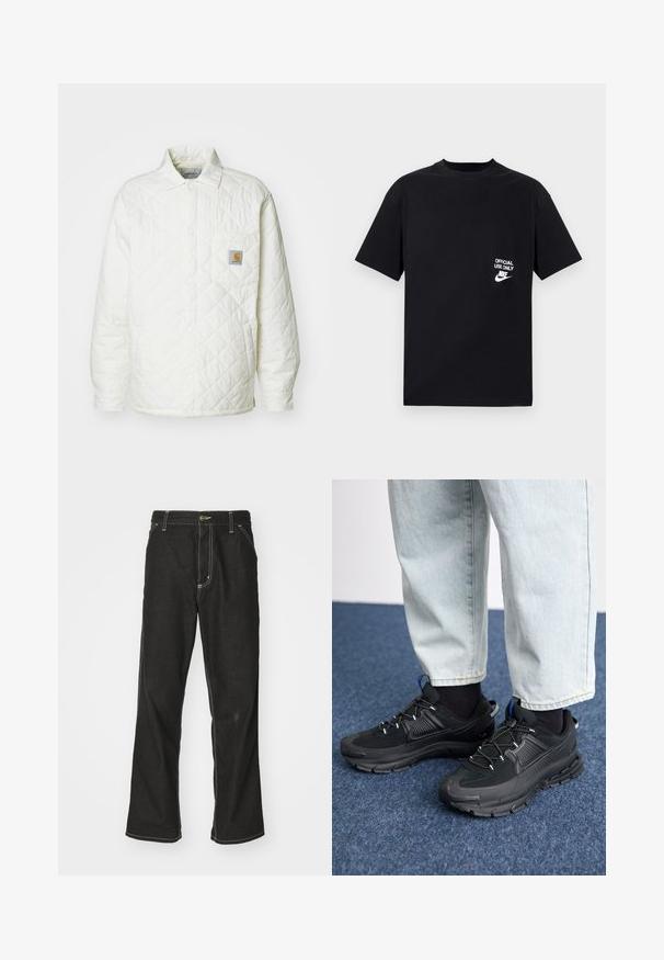 Kviltet hvit jakke med krage, knappelukking foran, og en brystlomme med en kontrastfarge logo-patch. Glatt tekstur og avslappet passform.; Svart bomull t-skjorte med korte ermer, rund hals, med hvit tekst "OFFICIAL USE ONLY" og Nike-logo på venstre bryst.; Svarte denimbukser med løs passform, med kontrastfylt hvit søm, knappelukking og rett ben-design.; Svarte sportssko med teksturert stoff og gummisåler, med elastiske lisser og en blå detalj på hælen. Brukt med lyse denimbukser.