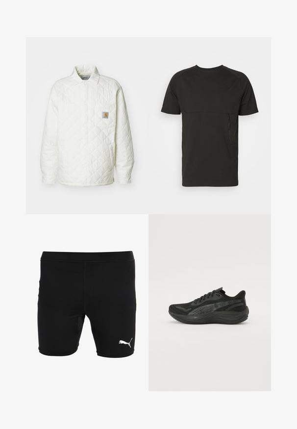 Prošívaná bílá bunda s límcem, knoflíkovým zapínáním vpředu a náprsní kapsou s kontrastní logovou nášivkou. Hladká textura a uvolněný střih.; Černé tričko s krátkým rukávem vyrobené z měkké tkaniny, se horizontální kapsou na zip na hrudi a bočními rozparky na spodním okraji pro větší pohodlí.; Černé sportovní šortky vyrobené z elastického materiálu, s přiléhavým střihem, elastickým pasem a stříbrným logem Puma na dolní levé straně.; Černá sportovní obuv s texturovaným síťovaným svrškem, plochými tkaničkami a polstrovanou podešví s decentními reflexními prvky.