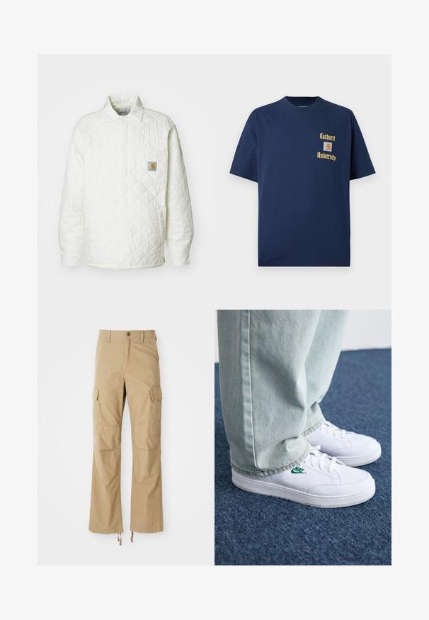 Tikkidega valge jakk krae, nööbid ees ja rinnaõmmeldud tasku, millel on kontrastne logotempel. Sile tekstuur ja vabalt langetatud lõige.; Tume sinine puuvillane T-särk lühikeste varrukatega, millel on kuldne kiri "Carhartt University" ja logo aplikaat vasakul rinnal.; Khaki värvi cargo püksid, mis on valmistatud vastupidavast kangast, mitme küljetasku, sirge jala disaini ja reguleeritavate nööridega hemmi peal.; Valged nahast tennisetossud rohelise Nike logo ja ümarate varvastega, lamedate taldadega, koos helesiniste teksapükstega, esitatud sinisel vaibal.