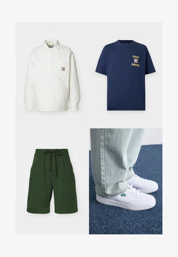 Veste matelassée blanche avec un col, fermeture à boutons, et une poche poitrine ornée d'un logo en patch contrasté. Texture lisse et coupe décontractée.; T-shirt en coton bleu marine à manches courtes, avec le texte doré "Carhartt University" et un écusson logo sur la poitrine gauche.; Shorts en coton vert avec un waistband élastique et un cordon de serrage ajustable. Comprend des poches latérales et une coupe décontractée. Texture lisse.; Baskets en cuir blanc avec logo Nike vert, bout rond, semelle plate, associées à un pantalon en denim bleu clair, présentées sur un tapis bleu.
