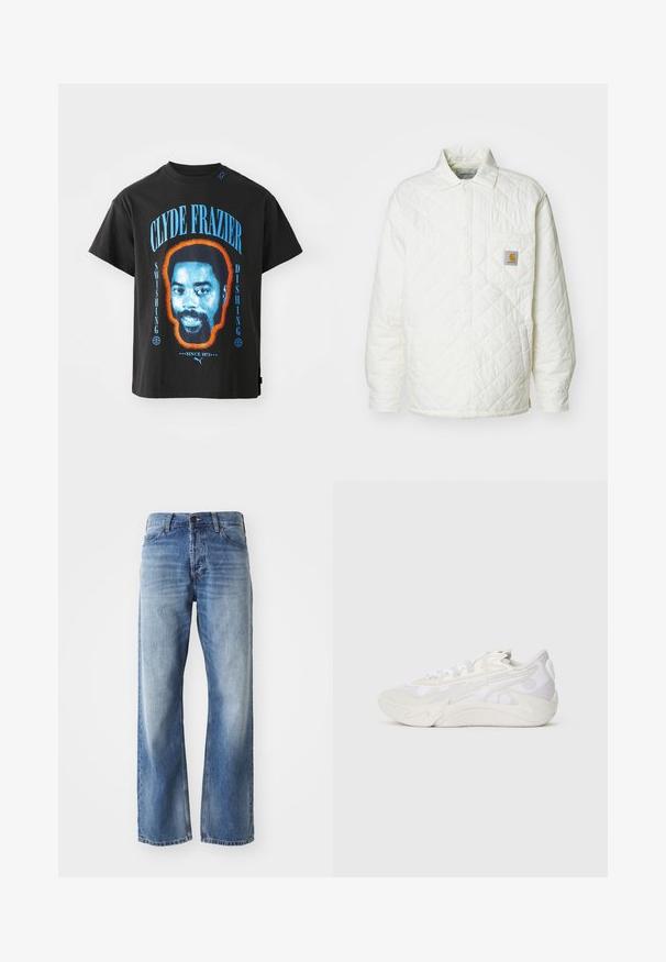 Giacca bianca trapuntata con colletto, chiusura con bottoni e taschino sul petto con un logo in contrasto. Texture liscia e vestibilità comoda.; T-shirt di cotone nero con una grafica del volto di Clyde Frazier, delineato in arancione, con testo blu che legge "SWISHING" e "DISHING."; Jeans in denim blu a gamba dritta con leggera scoloritura su cosce e ginocchia, dotati di cinque tasche e chiusura a bottone.; Vista laterale di una sneaker bianca e grigia chiara con un design astratto ondulato e una suola spessa su uno sfondo bianco semplice.