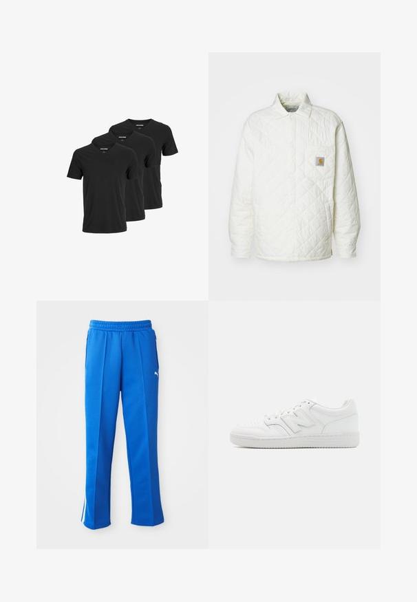 Töltött fehér dzseki gallérral, gombos elejével és egy mellzsebbel, amelyen kontrasztos logó felvarrás található. Simább textúrával és laza fazonnal rendelkezik.; Fekete pamut V nyakú pólók, rövid ujjakkal és normál szabással, három darabos csomagban. Simák, minta vagy díszítés nélkül.; Kék sportnadrág rugalmas derékkal, oldalsó zsebekkel és fehér csíkos díszítéssel. Simább, rugalmas anyagból készült.; Fehér sportcipő sima bőrből, perforált orral, texturált gumitalppal, lapos fűzőkkel és kiemelkedő 'N' logóval az oldalon.