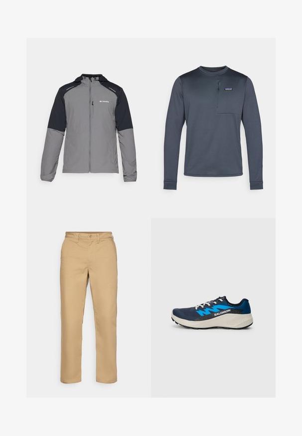 Hallide hall mustaka varrukatega, lukuga esik, kapuuts ja Columbia logo. Omab peegeldavaid detaile ja kerget, tekstureeritud kangast.; Pikad varrukad, tumesinised sünteetilised särk, millel on ümar krae, rinnatasku ja poole tõmbluku sulgemine. Sile tekstuur ja kitsas disain.; Khaki püksid, mis on valmistatud puuvillase segukangast, sirge sääre disainiga, nööbiga sulgemine, vööloopide ja ilma nähtavate mustrite või aktsentideta.; Trekkingujumine sinise ja helesinise aktsentidega. Omab võrgust ülemist osa, pehmendatud krae ja tekstureeritud kummist tallat, et tagada haarduvus.