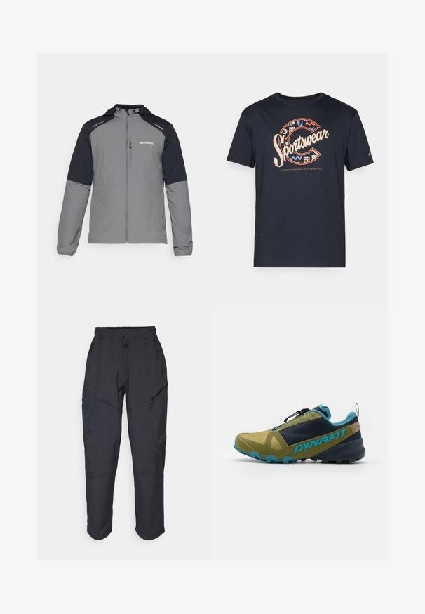 Pelēks jaku ar melniem piedurknēm, ar rāvējslēdzēju priekšā, kapuci un Columbia logo. Iezīmētais ir atstarojošiem akcentiem un vieglu, teksturētu audumu.; Tumši zila kokvilnas T-krekliņš ar lielu, krāsainu "Sportswear" grafiku, kas rotāta ar ģeometriskajiem rakstiem un burtu "C" uz priekšpuses.; Melnas kravas bikses, izgatavotas no viegla, ūdens izturīga materiāla; ar elastīgu jostasvietu, vairākiem kabatām ar rāvējslēdzējiem un sašaurinātiem ievedumiem.; Takumi skriešanas apavi olīvzaļā un tumši zilos toņos ar teksturētu virsu, zilām akcentēm, drošu saites sistēmu un izturīgu zoli labākai saķerei.