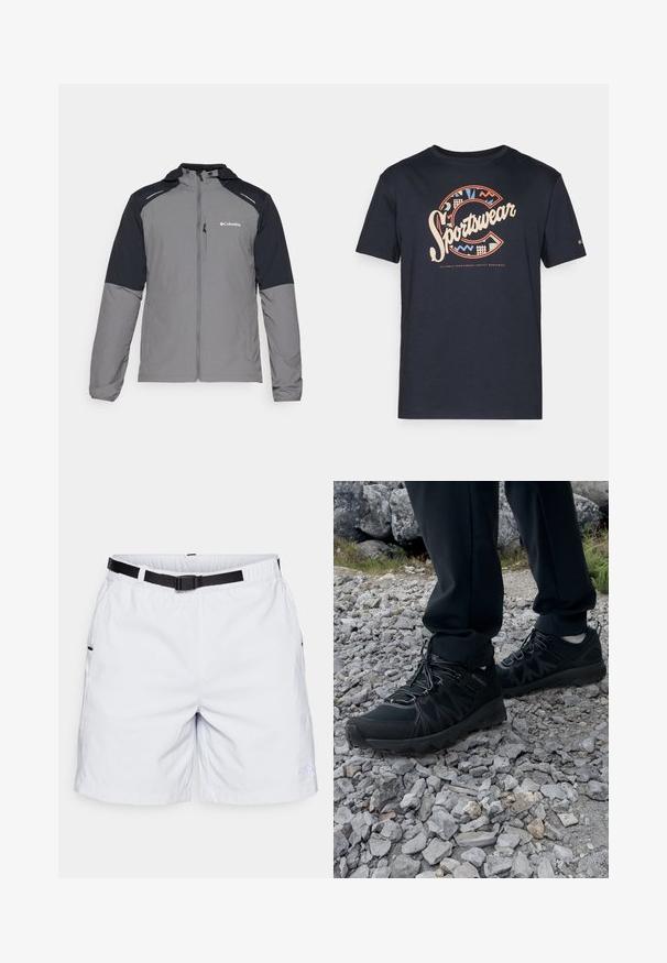 Harmaa takki mustilla hihoilla, vetoketjukiinnitys, huppu ja Columbian logo. Varustettu heijastavilla yksityiskohdilla ja kevyellä, teksturoidulla kankaalla.; T-paita tummansinisestä puuvillasta, jossa on suuri, värikäs "Sportswear" -kuva graafisilla kuvioilla ja kirjain "C" edessä.; Harmaat lyhyet housut, jotka on valmistettu kevyestä materiaalista. Niissä on elastinen vyötärö mustalla vyöllä, sivutaskut ja logo alaleuassa.; Mustat ulkokengät, joissa on verkko- ja synteettinen materiaali, teksturoitu päällinen, varma nauhoitusjärjestelmä ja kestävä pohja kivikkoisella maastolla.
