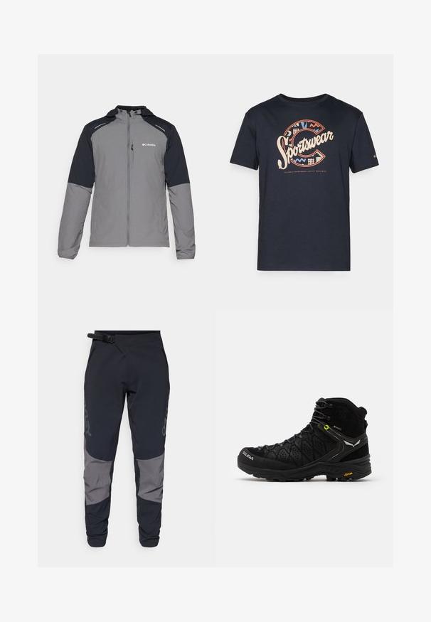 Pilkas švarkas su juodomis rankovėmis, su užtrauktuku priekyje, gobtuvu ir Columbia logotipu. Savybėmis tampa atspindinčios detalės ir lengva, tekstūruota medžiaga.; Tamsiai mėlyna medvilninė marškinėliai su dideliu, spalvingu "Sportswear" piešiniu, turinčiu geometrinius raštus ir raide "C" priekyje.; Oakley MAVEN SCRUB PANT - Lauko kelnės - black/grey; Juodas žygio batas su tekstūruota viršutine dalimi, sustiprinta nosimi ir Vibram padu. Užsegimo sistema apima kabliukus, užtikrinančius tvirtą prigludimą.